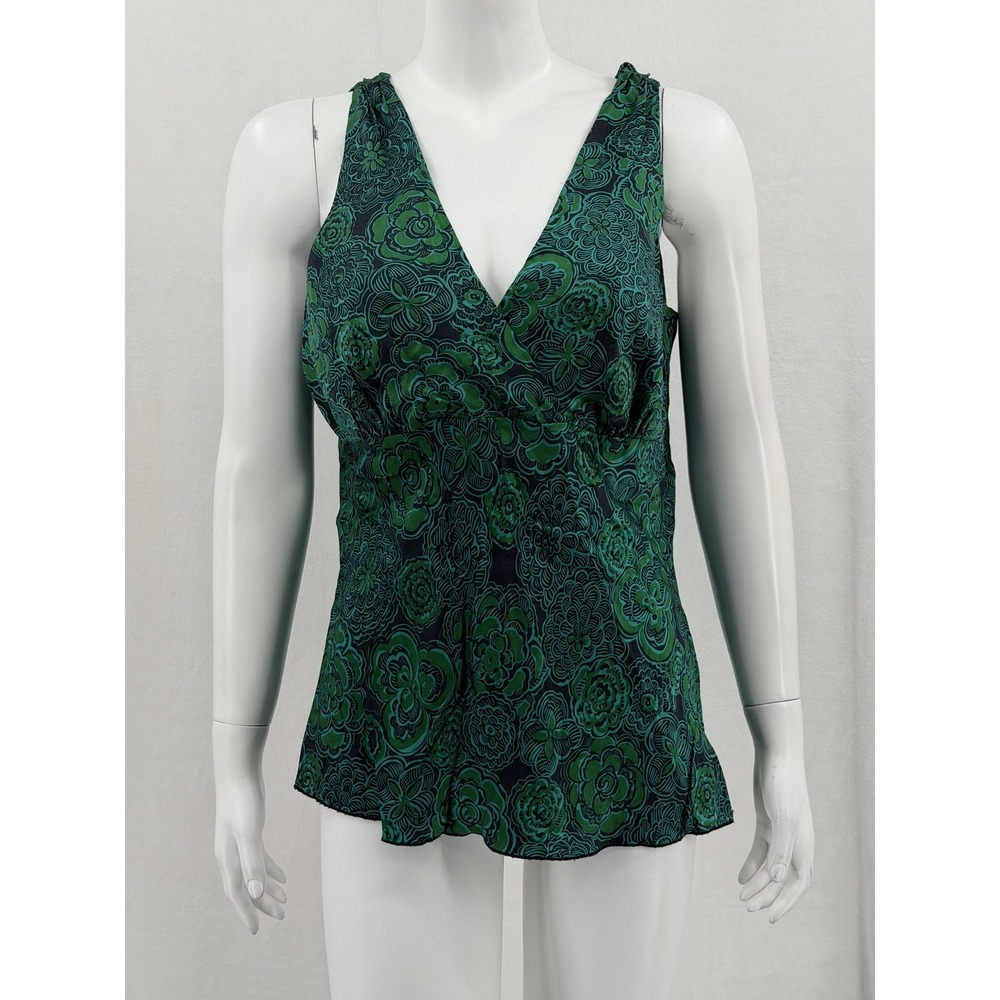 Old Navy Top Womens XL Green Floral 100% Silk Boho Sleeveless V-Neck Y2K Dressy